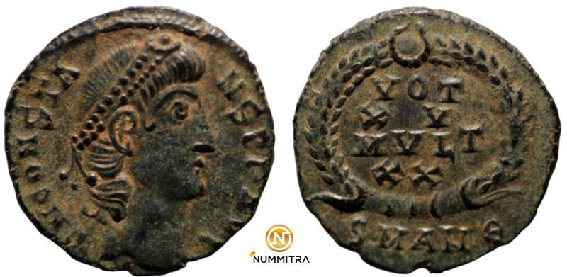 Constans. (347-348 AD). Æ Follis. (15mm, 1,54g) Antioch. Obv: D N CONSTANS P F A...