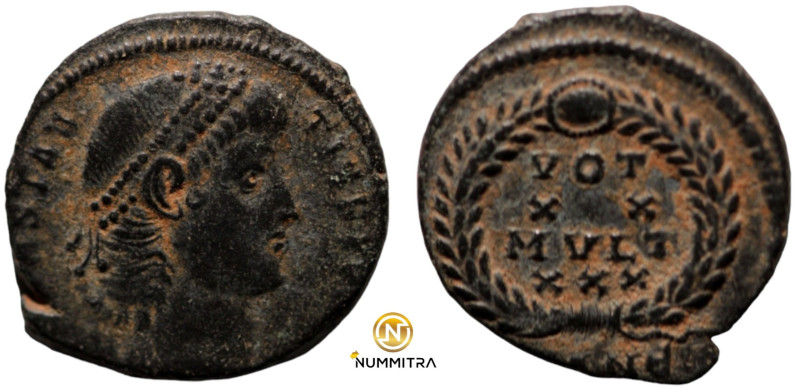 Constans. (347-348 AD). Æ Follis. (14mm, 1,70g) Antioch. Obv: D N CONSTANS P F A...