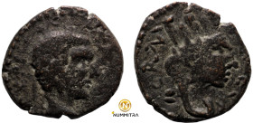 Caracalla. (198-217 AD). Æ Bronze. (16mm, 3,46g) Mesopotamia. Carrhae. Obv: laureate and draped bust of Caracalla right. Rev: bust of Tyche right.