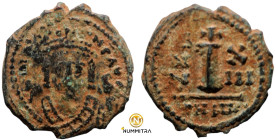 Maurice Tiberius. (582-602 AD). AE decanummium. (18mm, 2,45g) Theoupolis. Obv: bust of Maurice Tiberius facing. Rev: large I A/N/N/O.