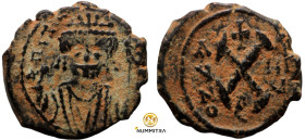 Maurice Tiberius. (582-602 AD). AE decanummium. (17mm, 2,84g) Theoupolis. Obv: bust of Maurice Tiberius facing. Rev: large X A/N/N/O.