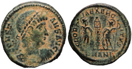 Constans. (346-349 AD). Æ Follis. (17mm, 1,89g) Antioch. Obv: DN FL CONSTANTIVS AVG. pearl-diademed bust of Constans right. Rev: GLORIA EXERCITVS. two...