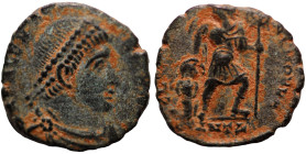 Valens. (364-367 AD). Æ Follis. (16mm, 1,49g) Antioch. Obv: D N VALENS P F AVG. perl-diademed bust of Valens right. Rev: GLORIA ROMANORVM. Emperor wal...