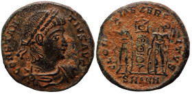 Constans. (346-349 AD). Æ Follis. (15mm, 1,74g) Antioch. Obv: DN FL CONSTANTIVS AVG. pearl-diademed bust of Constans right. Rev: GLORIA EXERCITVS. two...