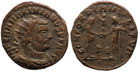 Maximianus. (286-305 AD). Æ Follis. (20mm, 2,35g) Antioch. Obv: IMP C M A MAXIMIANVS P F AVG. radiate cuirassed bust of Maximianus right. Rev: CONCORD...