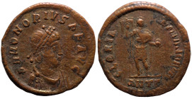 Honorius. (393-395 AD). Follis. (23mm, 4,16g) Antioch. Obv: DN HONORIVS PF AVG. pearl-diademed bust of Honorius right. Rev: GLORIA ROMANORVM. Honorius...