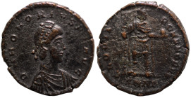 Honorius. (393-395 AD). Follis. (22mm, 5,22g) Antioch. Obv: DN HONORIVS PF AVG. pearl-diademed bust of Honorius right. Rev: GLORIA ROMANORVM. Honorius...