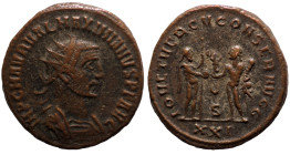 Maximianus. (286-305 AD). Æ Antoninian. (21mm, 4,23g) Antioch. Obv: IMP C M AVR VAL MAXIMIANVS P F AVG. radiate cuirassed bust of Maximianus right. Re...