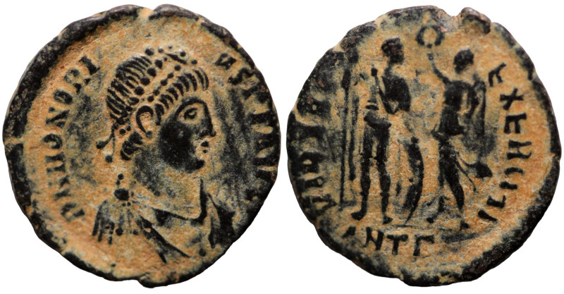 Honorius. (393-395 AD). Follis. (17mm, 1,86g) Antioch. Obv: DN HONORIVS PF AVG. ...