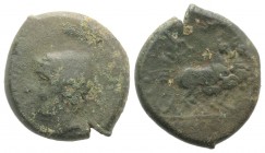 Samnium, Aesernia, c. 263-240 BC. Æ (22mm, 7.09g, 7h). Head of Vulcan l., wearing pilos; tongs to r. R/ Jupiter in biga galloping r.; above, Nike flyi...