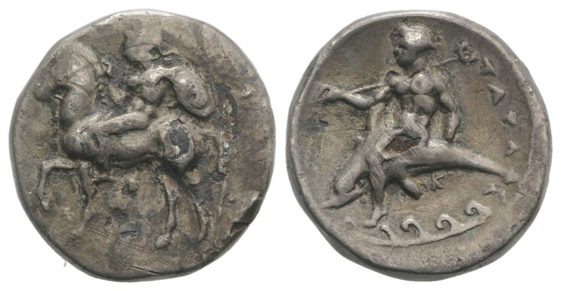 Southern Apulia, Tarentum, c. 344-340 BC. Fourrèe Nomos (23mm, 6.65g, 6h). Nude ...