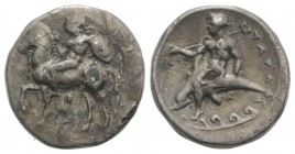 Southern Apulia, Tarentum, c. 344-340 BC. Fourrèe Nomos (23mm, 6.65g, 6h). Nude warrior on horseback l., holding spear, shield on l. arm; Δ below. R/ ...