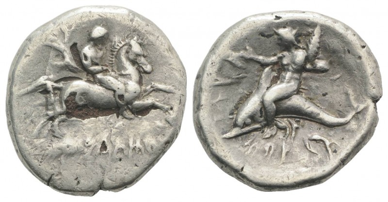 Southern Apulia, Tarentum, c. 280 BC. Fourrèe Nomos (23mm, 7.28g, 3h). Nikodamos...