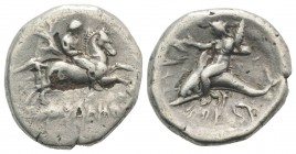 Southern Apulia, Tarentum, c. 280 BC. Fourrèe Nomos (23mm, 7.28g, 3h). Nikodamos, magistrate. Youth on horse galloping r. R/ Phalanthos, holding kanth...