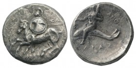 Southern Apulia, Tarentum, c. 280-272 BC. Fourrèe Nomos (21mm, 6.08g, 1h). Horseman l., holding shield and two spears; ZΩ[P] to r. R/ Phalanthos ridin...