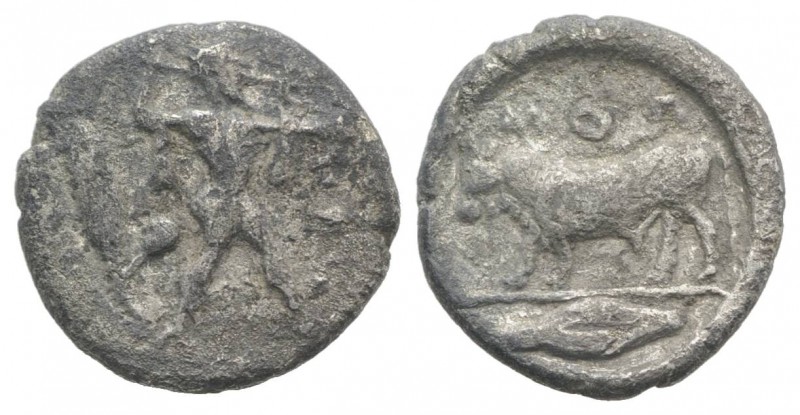 Northern Lucania, Poseidonia, c. 445-420 BC. AR Diobol (10mm, 1.08g, 3h). Poseid...
