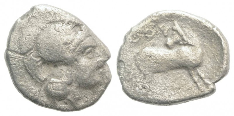 Southern Lucania, Thourioi, c. 443-400 BC. AR Obol (10mm, 0.56g, 5h). Helmeted h...