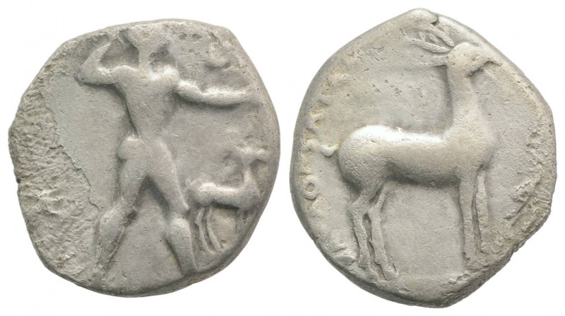 Bruttium, Kaulonia, c. 475-425 BC. AR Stater (22mm, 7.65g, 11h). Nude Apollo wal...