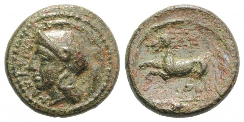 Sicily, Kamarina, c. 339-317 BC. Æ (15mm, 3.57g, 7h). Helmeted head of Athena l....