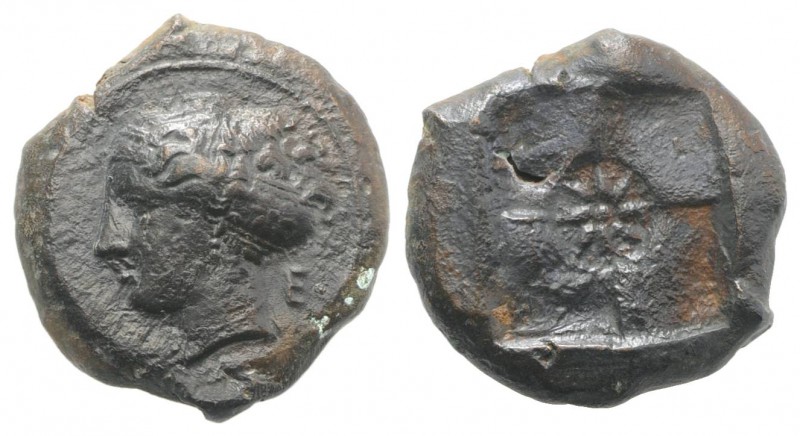 Sicily, Syracuse, 405-375 BC. Æ Hemilitron (17mm, 5.12g). Head of nymph l., hair...