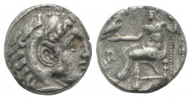 Kings of Macedon, Alexander III ‘the Great’ (336-323 BC). AR Drachm (15mm, 3.45g, 9h). Uncertain mint. Head of Herakles r., wearing lion skin. R/ Zeus...