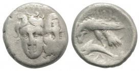 Moesia, Istros, c. 340/30-313 BC. AR Drachm (18mm, 5.20g, 9h). Facing male heads, the l. inverted. R/ Sea-eagle l., grasping dolphin with talons; Δ be...