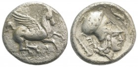 Illyria, Dyrrhachion, after 350 BC. AR Stater (22mm, 7.65g, 12h). Pegasos flying r. R/ Helmeted head of Athena r.; club and E (retrograde) behind, dol...