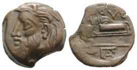 Skythia, Olbia, c. 310-280 BC. Æ (21mm, 8.39g, 6h). Horned head of Borysthenes l. R/ Axe and bow in bowcase; monogram to l. SNG BM Black Sea 520-1; SN...