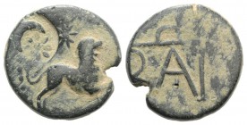 Kings of Bosporos, Polemo I (c. 14/3-10/9 BC). Æ (18mm, 5.08g, 12h). Lion running r.; star above; c/m: star and crescent within circular incuse. R/ Mo...