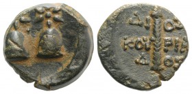 Kolchis, Dioskourias, c. 2nd-1st centuries BC. Æ (17mm, 4.53g, 12h). Piloi of the Dioskouroi surmounted by stars. R/ Thyrsos. SNG BM Black Sea 1021; S...