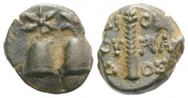 Kolchis, Dioskourias, c. 2nd-1st centuries BC. Æ (15mm, 3.81g, 12h). Piloi of the Dioskouroi surmounted by stars. R/ Thyrsos. SNG BM Black Sea 1021; S...