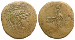 Paphlagonia, Amastris, c. 105-85 BC. Æ (30mm, 19.81g, 12h). Head of Athena r., wearing helmet decorated with griffin. R/ Perseus standing facing, hold...