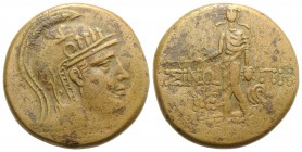 Paphlagonia, Sinope, c. 85-65 BC. Æ (31mm, 19.64g, 12h). Helmeted head of Athena r. R/ Perseus standing, facing, holding harpa and head of Medusa, who...