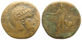 Paphlagonia, Sinope, c. 85-65 BC. Æ (28.5mm, 18.88g, 12h). Helmeted head of Athena r. R/ Perseus standing, holding harpa and head of Medusa; at feet, ...