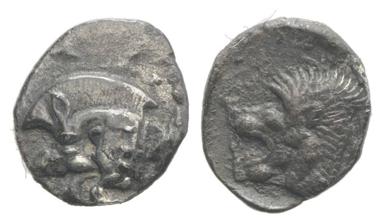 Mysia, Kyzikos, c. 450-400 BC. AR Obol (10mm, 0.72g, 6h). Forepart of boar l.; t...