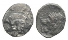 Mysia, Kyzikos, c. 450-400 BC. AR Obol (10mm, 0.72g, 6h). Forepart of boar l.; to r., tunny upward. R/ Head of lion l. within incuse square. Von Fritz...