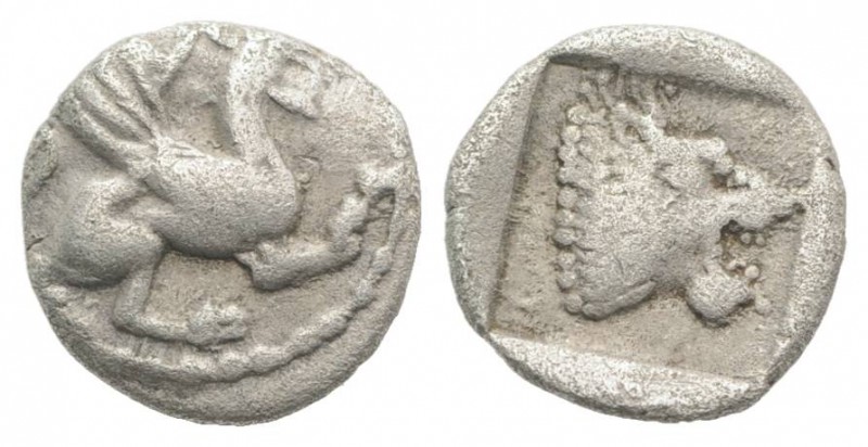 Troas, Assos, 5th century BC. AR Obol (9mm, 0.55g, 6h). Griffin r. R/ Lion’s hea...