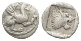 Troas, Assos, 5th century BC. AR Obol (9mm, 0.55g, 6h). Griffin r. R/ Lion’s head r. within incuse square. Weber 5318; BMC 3. VF