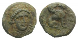 Troas, Gergis, c. 350-300 BC. Æ (11mm, 1.42g, 12h). Head of Sibyl Herophile facing slightly r., wearing laurel wreath and necklace. R/ Sphinx seated r...
