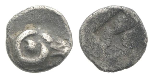 Troas, Kebren, c. 5th century BC. AR Tetartemorion (4mm, 0.12g). Ram’s head r. R...