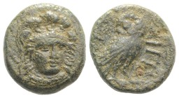 Troas, Sigeion, c. 350 BC. Æ (17.5mm, 5.91g, 1h). Head of Athena slightly facing r., wearing triple-crested helmet. R/ Owl standing r.; crescent to l....