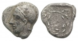 Aeolis, Elaia, c. 450-400 BC. AR Diobol (9mm, 1.18g, 6h). Helmeted head of Athena l. R/ Laurel wreath within incuse square. SNG Copenhagen 166. Porous...