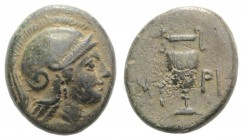 Aeolis, Myrina, 4th century BC. Æ (16mm, 4.20g, 6h). Helmeted head of Athena r. R/ Amphora. SNG Copenhagen 218-9. Green patina, VF