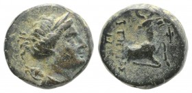 Ionia, Ephesos, c. 258-202 BC. Æ (13mm, 3.68g, 12h). Diademed and draped bust of Artemis r., bow and quiver over shoulder. R/ Forepart of stag kneelin...