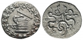 Ionia, Ephesos, c. 180-67 BC. AR Cistophoric Tetradrachm (28mm, 11.16g, 1h), 160-150 BC. Cista mystica with serpent; all within ivy wreath. R/ Two ser...