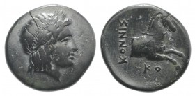 Ionia, Kolophon, c. 360-330 BC. Æ (13mm, 2.05g, 12h). Konnis, magistrate. Laureate head of Apollo r. R/ Forepart of horse r. SNG Copenhagen 154. Green...