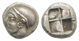Ionia, Phokaia, c. 521-478 BC. AR Diobol (8mm, 1.33g). Archaic female head l. R/ Quadripartite incuse square. Klein 452-3. Good VF