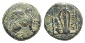Ionia, Teos, c. 210-190 BC. Æ (10.5mm, 1.84g, 6h). Griffin seated r., forepaw raised. R/ Lyre; animal leg(?) to l.; all within linear border. Cf. SNG ...