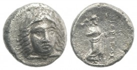 Satraps of Caria, Hidrieus (351-344 BC). AR Drachm (14mm, 3.40g, 12h). Laureate head of Apollo facing, slightly r. R/ Zeus Labraundos standing r., hol...