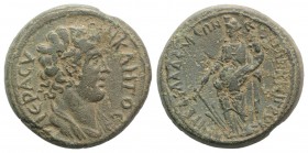 Lydia, Philadelphia. Pseudo-autonomous issue. Time of Trajan (98-117). Æ (26mm, 11.72g, 6h). C. B. Nigros, archon. Draped bust of the Senate r. R/ Tyc...